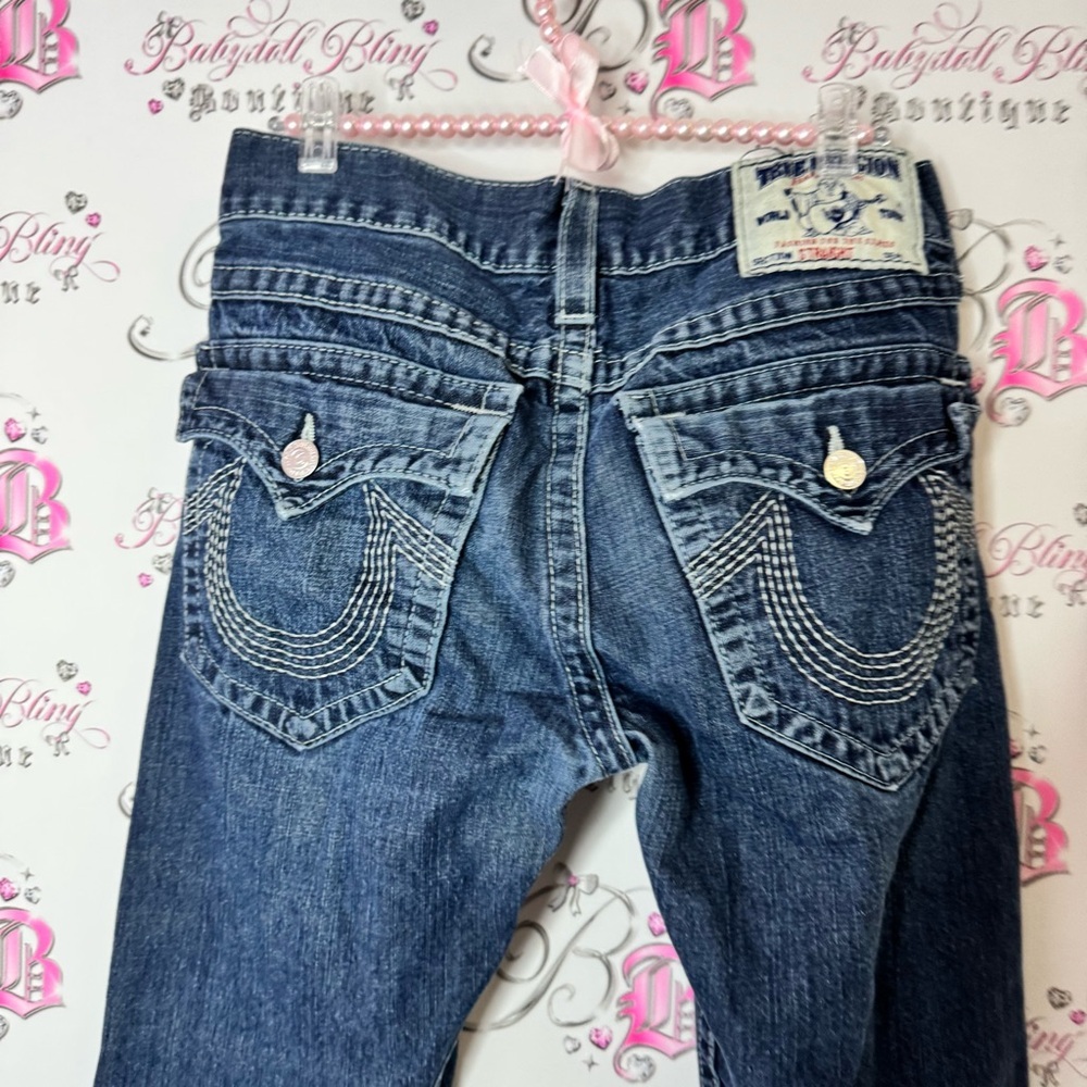 True Religion Blue Straight Jeans Classic Style pockets on back logo rare - Picture 3 of 6